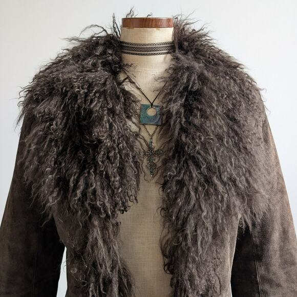 Vintage Brown Suede Penny Lane Jacket Fur Shag Leather Groovy Trench Coat Medium - Picture 5 of 14